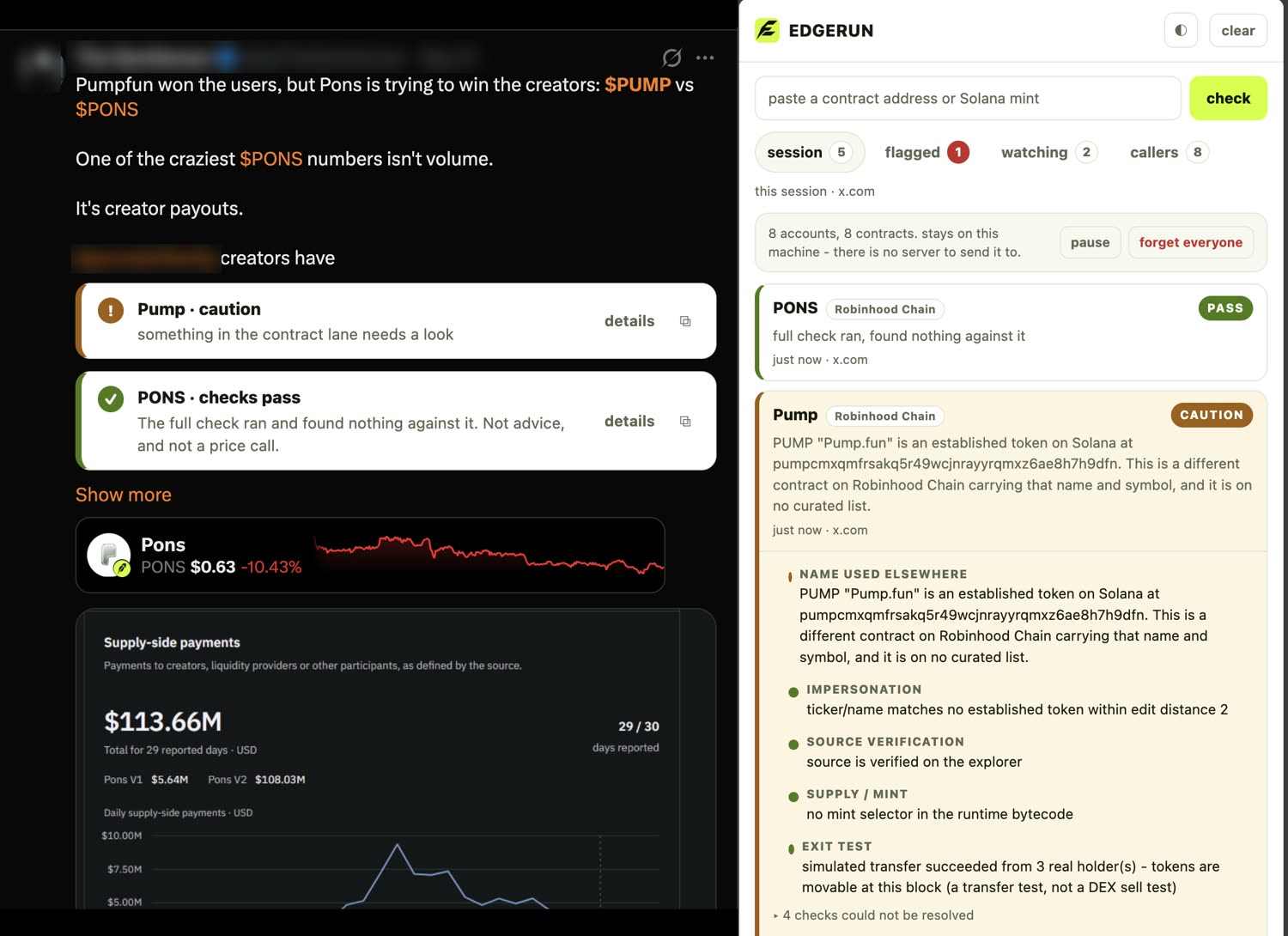 The EDGERUN side panel open next to a post on X, flagging a contract that does not match the ticker it was posted under